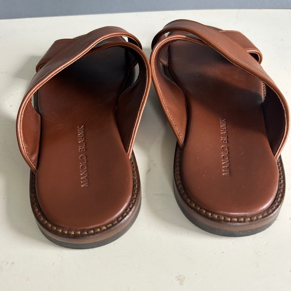 Manolo Blahnik Sandals Mens size 7 Brown Leather Criss Cross Slide Italy Euro - Picture 8 of 9